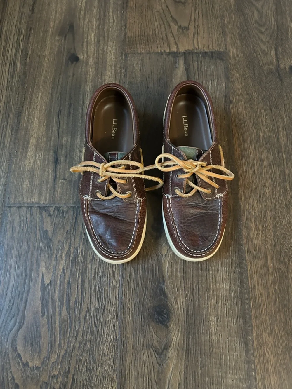 L.L. Bean Boat Shoes Men's Dark Brown Leather with Tan Laces Size 7 1/2 Medium